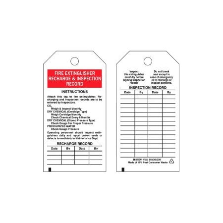 Brady Brady Fire Extinguisher Recharge & Maintenance Record Tag, 25/Pkg, Poly, 3inW x 5-3/4inH 76222